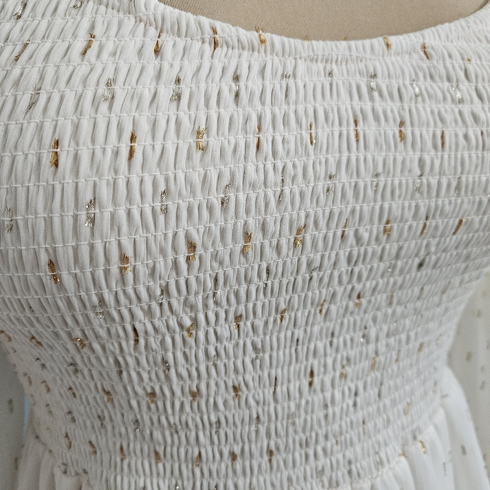 Altar’d State White Smocked Dress Gold Dot Tiered Size M Cottage Fairy Boho - Picture 7 of 14